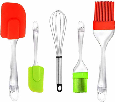 HarikrupaMall Combo Silicone Spatula 4+1-Piece Non-Stick/Heat Resistant Kitchen Cooking Utensil Set Created for Cooking/Baking and Mixing (2 Spatula, 2 Brushes, 1 Whisker) Kitchen Tool Set(Spatula, Whisk, Brush)