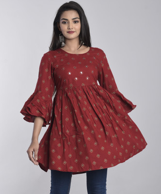 KBZ Women Printed Flared Kurta(Maroon)