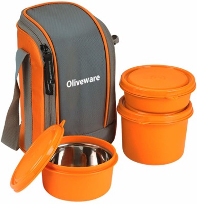 Oliveware Boss Lunch Box - Orange | Steel Range | Microwave Safe & Leak Proof | 3 Air-Tight Containers with Bag | Keep Food Hot | School, College & Office Use 3 Containers Lunch Box(390 ml)