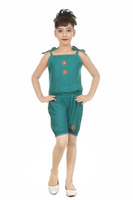 FIERA FASHION Girls Above Knee Casual Dress(Green, Sleeveless)