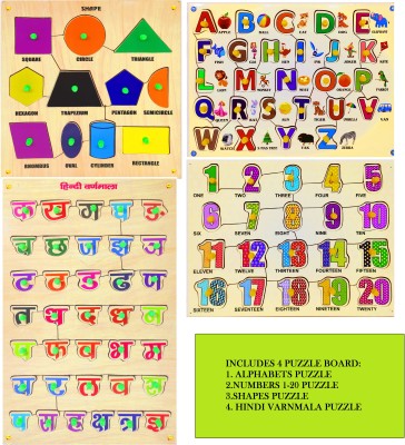 poksi 4 in 1 puzzle board wooden puzzle board for kids-hindi varnmala, english alphabets, maths numbers and shapes(Multicolor)