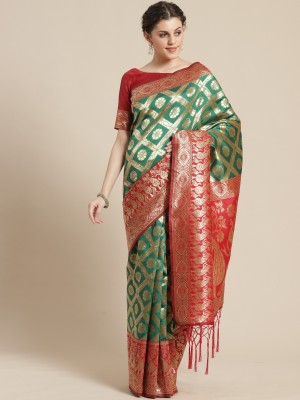 Ratnavati Embellished Banarasi Silk Blend Saree(Red, Green)