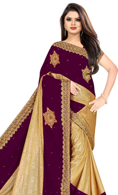 pal fashion Embroidered Bollywood Velvet, Lycra Blend Saree(Purple)