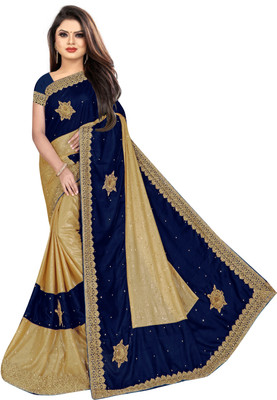 Vihan Fab Printed, Embroidered, Embellished Bollywood Velvet, Lycra Blend Saree(Dark Blue)