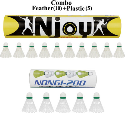 Nongi Combo Feather and Plastic Shuttle  - White(Medium, 77, Pack of 15)