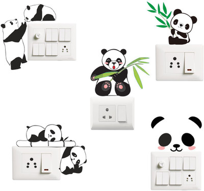 Saiii Designs 3 cm Funny Panda Switch Board Sticker Set 5 Self Adhesive Sticker(Pack of 5)