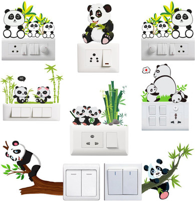 Divine studio 21 cm Cute Funny Panda Switch Board Sticker Set 8 Self Adhesive Sticker(Pack of 1)