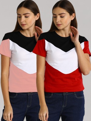 LEWEL Colorblock Women Round Neck Red, Pink T-Shirt