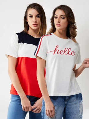 Miss Chase Printed, Solid Women Round Neck Red, White T-Shirt