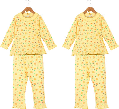 Trendy World Kids Nightwear Girls Printed Cotton Blend(Multicolor Pack of 2)