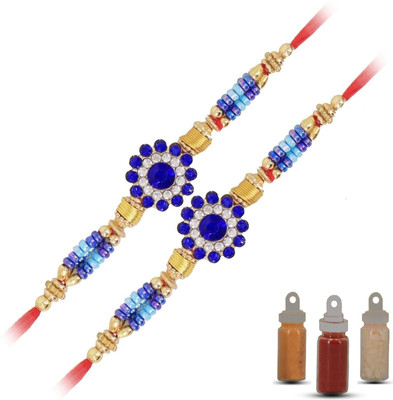 Aseenaa Designer Rakhi For Brother With Roli Chawal And Button Blue Jarkan Work Rakhi Combo | A19A19 Assorted Chawal Roli Pack, Rakhi  Set(2 rakhi 1 roli chawal pack)