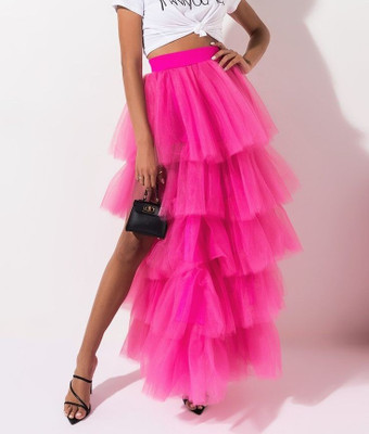 cut n sew fashion Solid Women Layered Pink Skirt