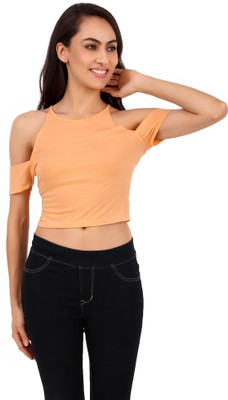 Be You Casual Cold Shoulder Solid Women Orange Top