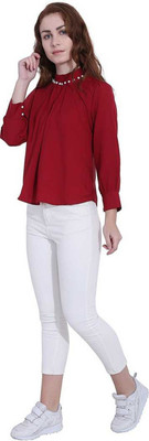 FabRange Casual Full Sleeve Embellished, Solid Women Maroon Top