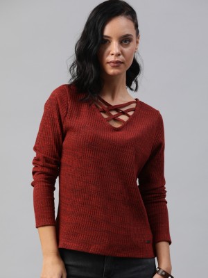 Roadster Casual Full Sleeve Self Design Women Maroon Top