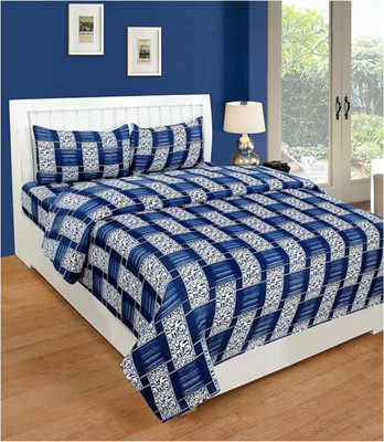 Sehbhagi 120 TC Microfiber Double Checkered Flat Bedsheet(Pack of 1, Blue)