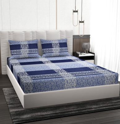 BROMWICK 220 TC Microfiber Double Printed Flat Bedsheet(Pack of 1, Blue)