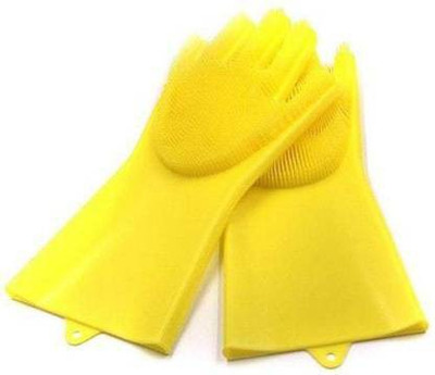 HUKBO Multi-functional Silicone Dish washing Gloves with Brush Fruits Scrubber Bathroom Kitchen Wet and Dry Glove Set(Free Size Pack of 2)