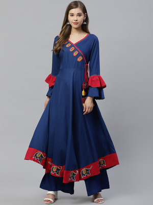Yash Gallery Women Printed, Colorblock Flared Kurta(Blue)