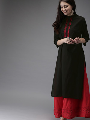 ARYAN Women Embroidered Straight Kurta(Black)