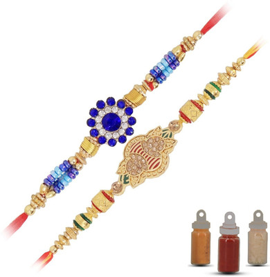 Aseenaa Designer Rakhi For Brother With Roli Chawal And Haldi For Tikka | Combo of Button Rakhi Blue Jarkan Work Rakhi And Gold Plated Jarkan Rakhi | A19A11 Assorted Chawal Roli Pack, Rakhi  Set(2 rakhi 1 roli chawal pack)
