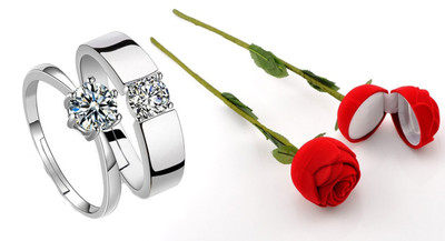 SILVERISH Valentine Day Gift Couple Ring With Beautiful Red Rose Box Alloy Cubic Zirconia Platinum Plated Ring Set