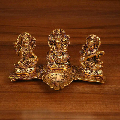 Articia Metal Laxmi Ganesh Saraswati Idol Statue with Diya Decoration Pooja Showpiece (8X4 inch, Gold) Decorative Showpiece  -  10 cm(Aluminium, Gold)