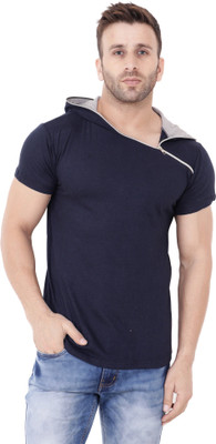 BEYOU FASHION Solid Men Hooded Neck Blue T-Shirt