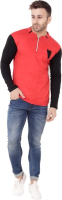 Blisstone Self Design Men Mandarin Collar Red T-Shirt