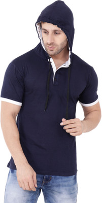 BEYOU FASHION Self Design Men Hooded Neck Blue T-Shirt