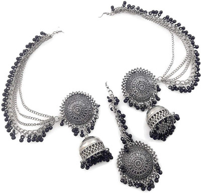 Mystory MYSTORY oxidised black bahubali earrings with maang tikka Metal Jhumki Earring