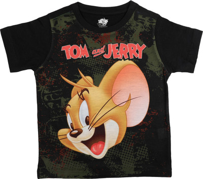 TOM & JERRY Boys Typography, Printed Cotton Blend Regular T Shirt(Black, Pack of 1)