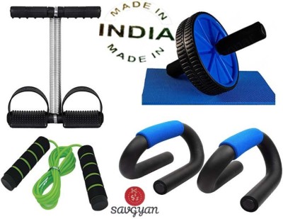 savgyan Best 4Pcs Combo Set Ab Wheel Abs Roller with Skipping Rope Push Up Bar & Tummy Trimmer Machine Combo, Abs Exercise Equipment for Home. Home Gym Kit