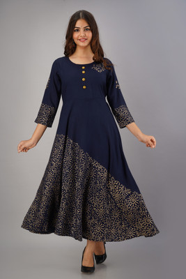 JFT Jaipur Fabtex Women Printed Flared Kurta(Dark Blue)