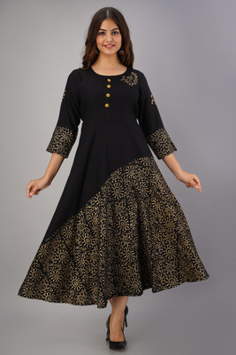 JFT Jaipur Fabtex Women Printed Flared Kurta(Black)