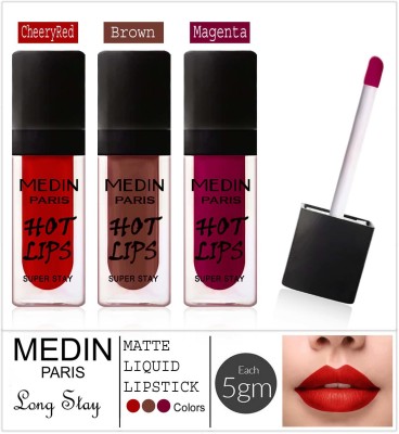 MEDIN Paris Hot LIp... Forever Matte liquid Lipstick Cosmetics Makeup combo set of 3(magenta cheery red brown, 30 ml)