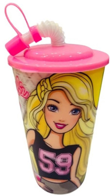 Azotique 3D Look Pink Color Animated Sipper Glass with Straw for Girls for Milk/Juice/Water/Soft Drinks (600 Ml) Plastic Coffee Mug(600 ml)