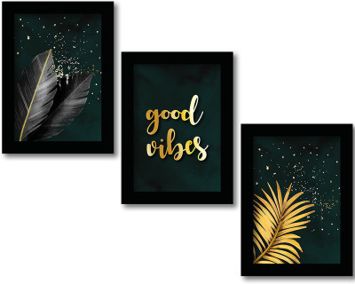 Rainbow Arts Nature Inspired Modern Art for Home Office Wall Decor - Black and Golden Botanical Leaf Wall Decoration - Good Vibes Framed Quotes Poster - Set of 3 Digital Reprint 14 inch x 11 inch Painting(With Frame, Pack of 3)