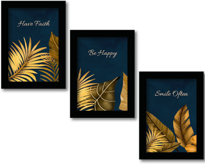 Rainbow Arts Golden Leaf Paintings for Home Wall Decor - Nature Paintings with Frame - Set of 3 Digital Reprint 14 inch x 11 inch Painting(With Frame, Pack of 3)
