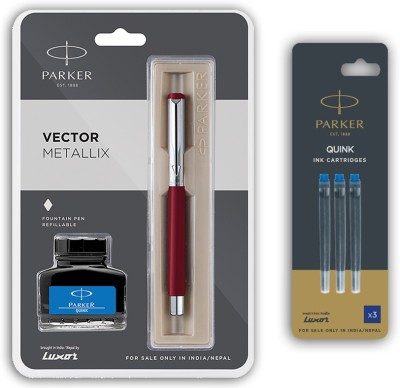 PARKER Vector Metallix Fountain Pen With Stainless Steel Trim + Ink Bottle and Ink Cartridges Fountain Pen(Pack of 3, Blue)
