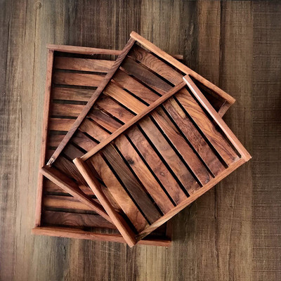 Femina beautty Wooden Serving Tray, Handmade & Handcrafted Rectangular Serving Platter Tray Serving Set(Pack of 3)