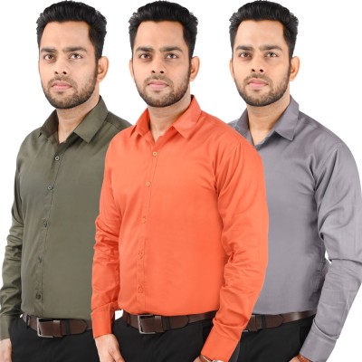 CRAFT HEAVEN Men Solid Casual Green, Orange, Grey Shirt(Pack of 3)