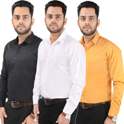 CRAFT HEAVEN Men Solid Casual Yellow, Black, White Shirt(Pack of 3)