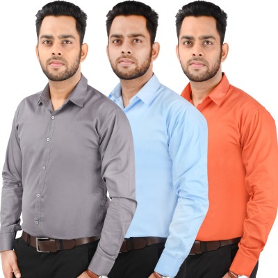 CRAFT HEAVEN Men Solid Casual Orange, Light Blue, Grey Shirt(Pack of 3)