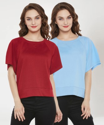 Miss Chase Solid Women Round Neck Maroon, Blue T-Shirt