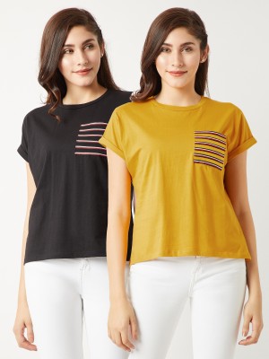 Miss Chase Solid Women Round Neck Black, Yellow T-Shirt
