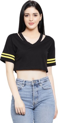 LE BOURGEOIS Casual Half Sleeve Striped Women Black Top