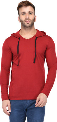 Jaskart Solid Men Hooded Neck Maroon T-Shirt