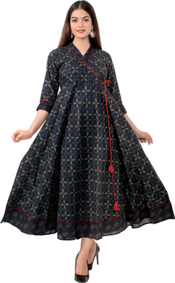 ANGIYA Women Printed Flared Kurta(Blue)