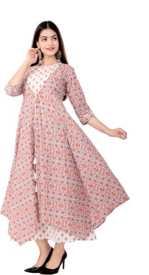 ANGIYA Women Printed Anarkali Kurta(Orange)